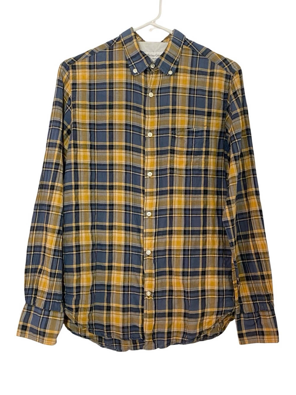 Officine Generale Plaid Button Down Shirt Mens Size Small Blue Yellow Cotton